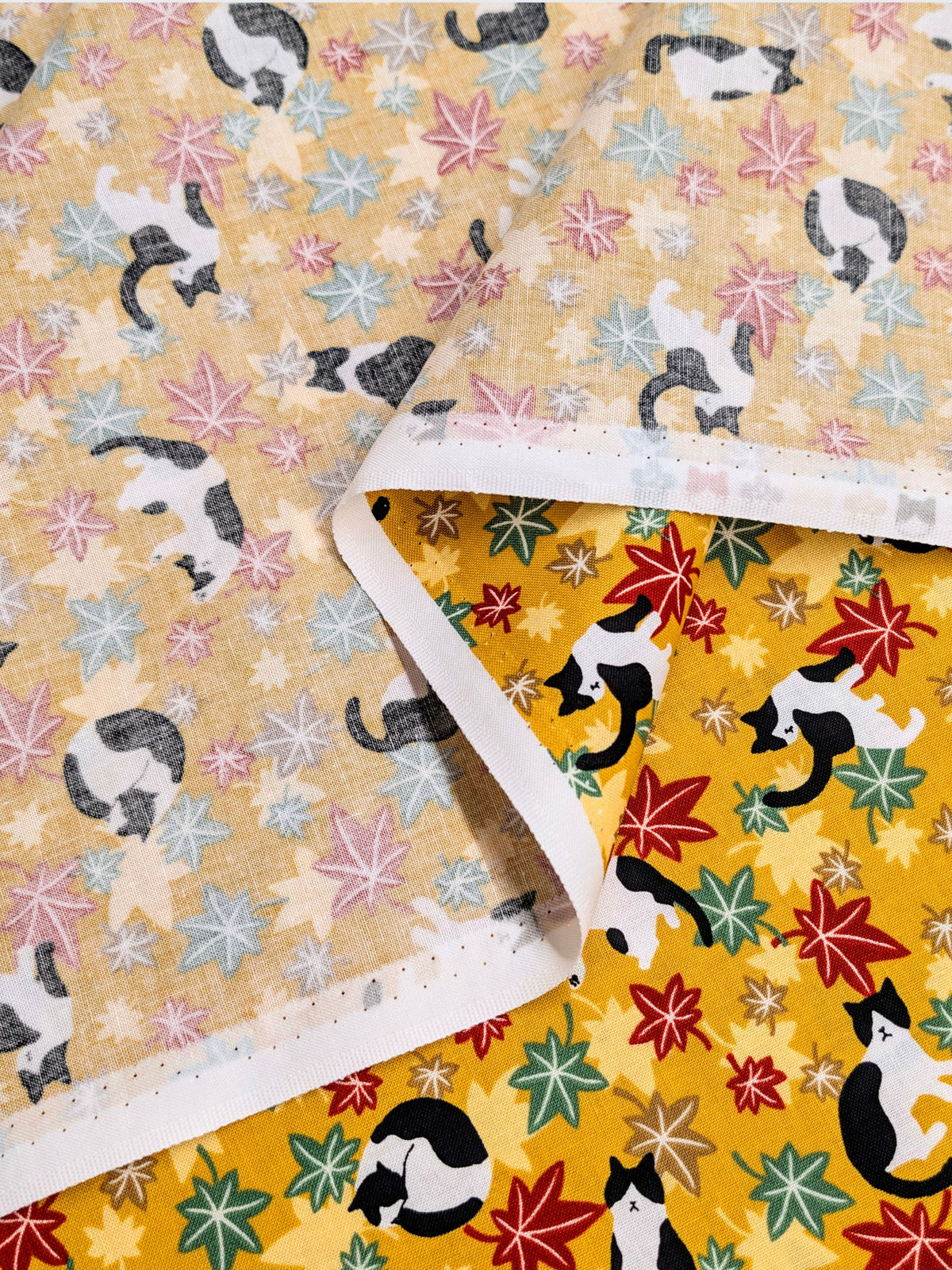 Cosmo - Maple Leaves & Cats Cotton Sheeting Fabric - Mustard Yellow