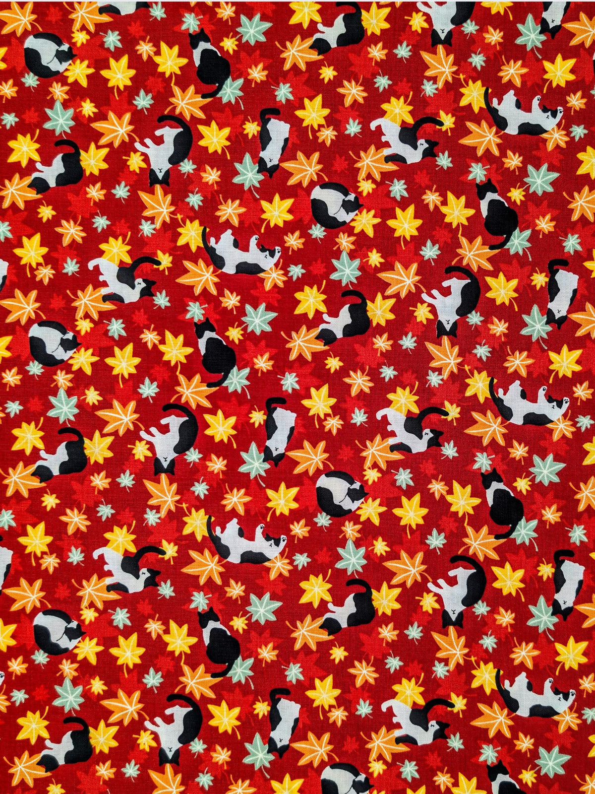 Cosmo - Maple Leaves & Cats Cotton Sheeting Fabric - Red