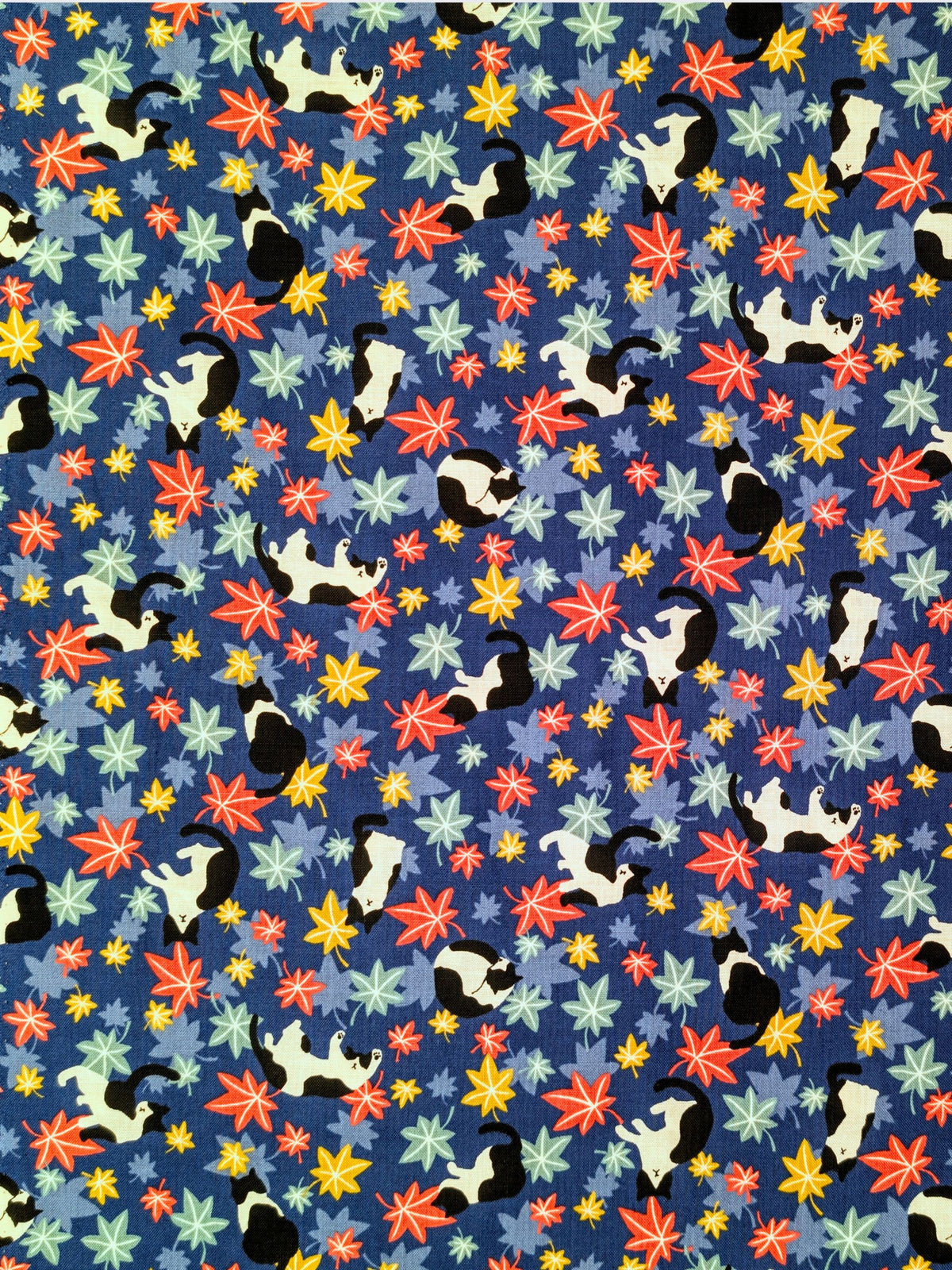 Cosmo - Maple Leaves & Cats Cotton Sheeting Fabric - Blue