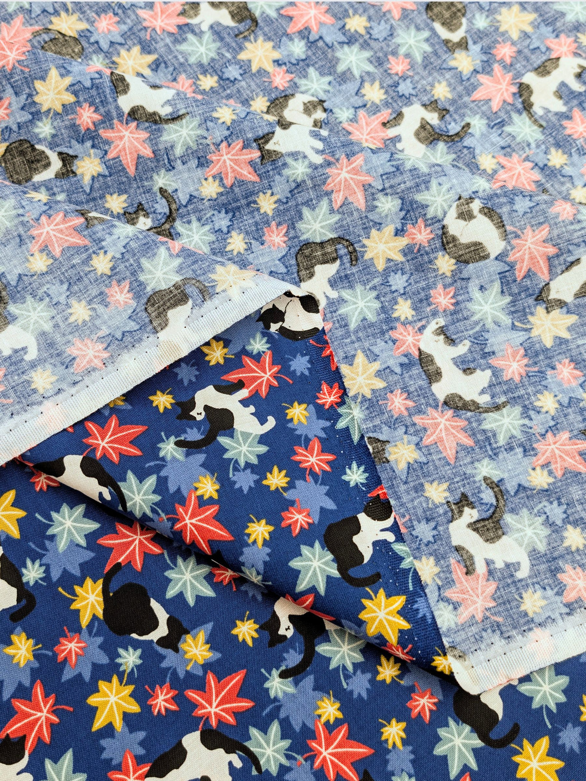 Cosmo - Maple Leaves & Cats Cotton Sheeting Fabric - Blue