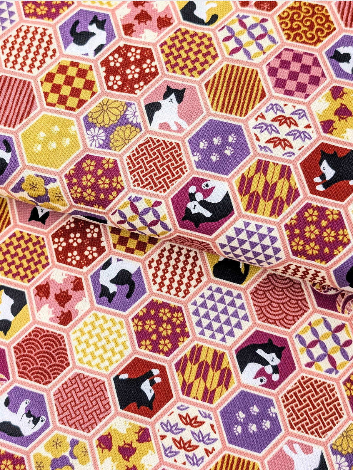 Cosmo - Hexigon Boro Cats Cotton Sheeting Fabric - Pink