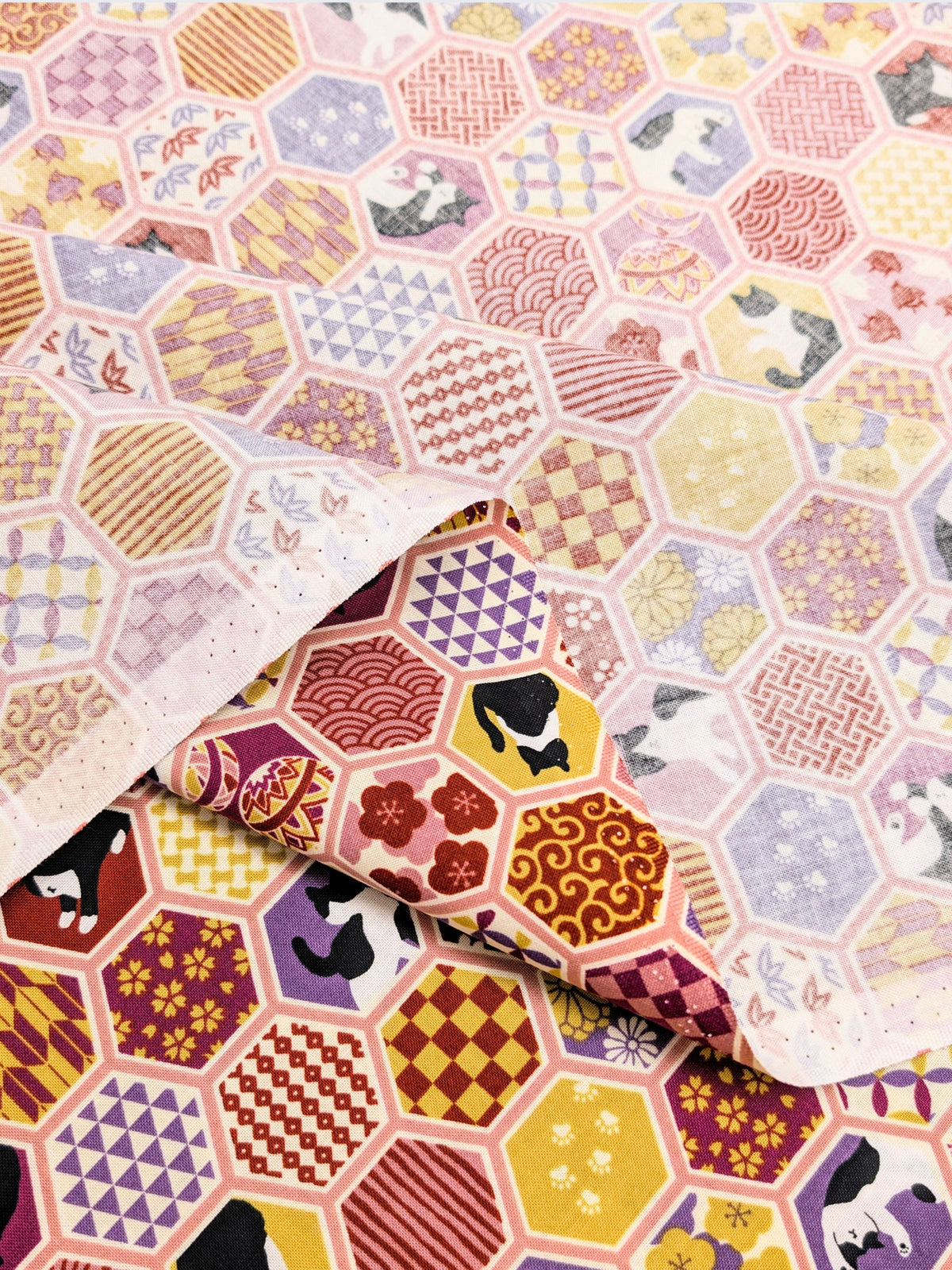 Cosmo - Hexigon Boro Cats Cotton Sheeting Fabric - Pink