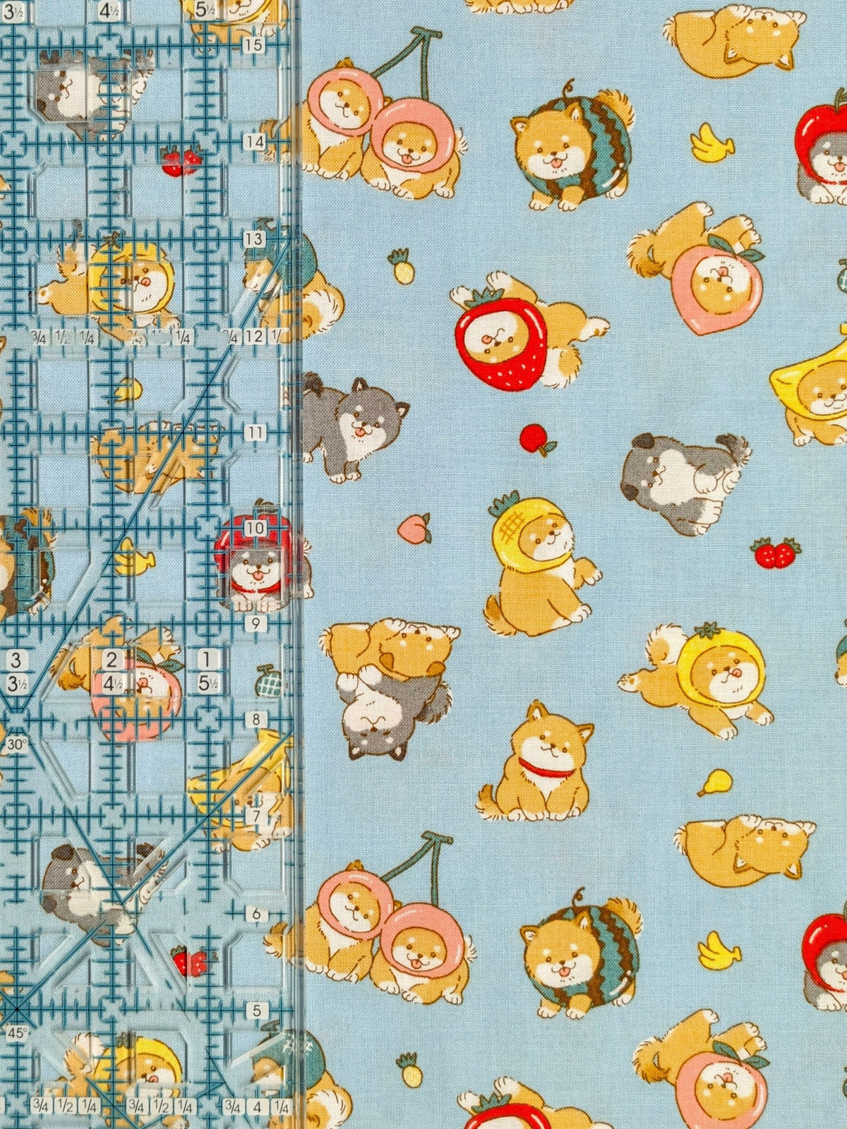 Cosmo - Fruity Shibas Cotton Sheeting Fabric - Light Blue REMNANT