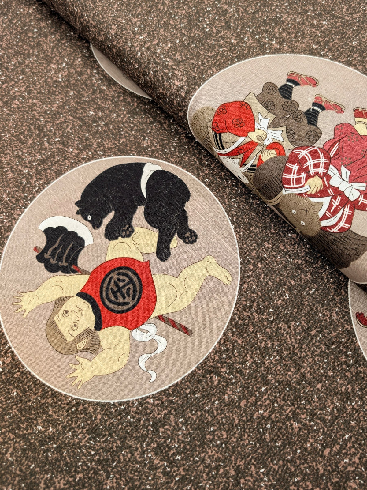 Craft-P - Edo Period Characters Cotton Rustic Weave Fabric - Red & Brown