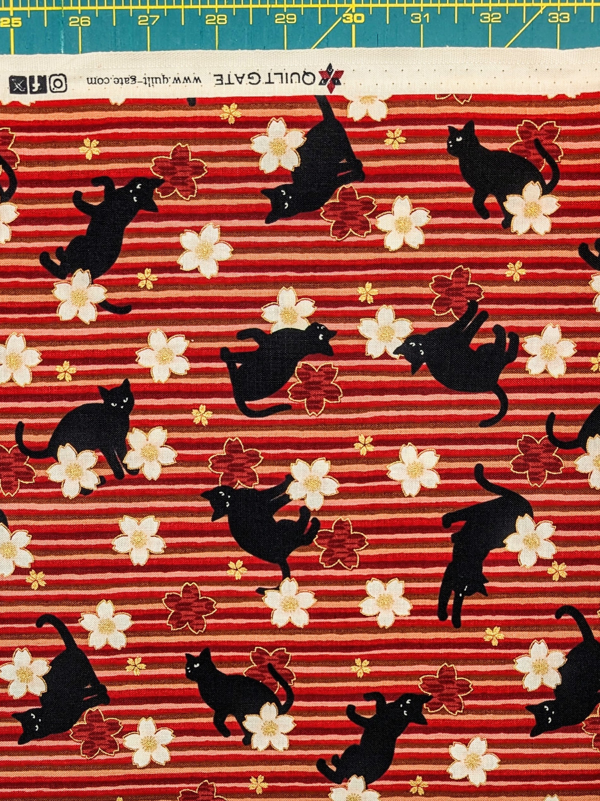 QuiltGate - Golden Cat Stripes and Cherry Blossoms Cotton Fabric - Red