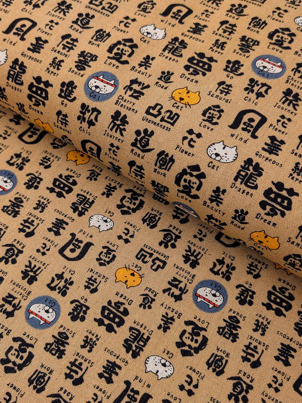 Kobayashi - Kanji Cats Cotton/Linen Light Canvas Fabric - Tan