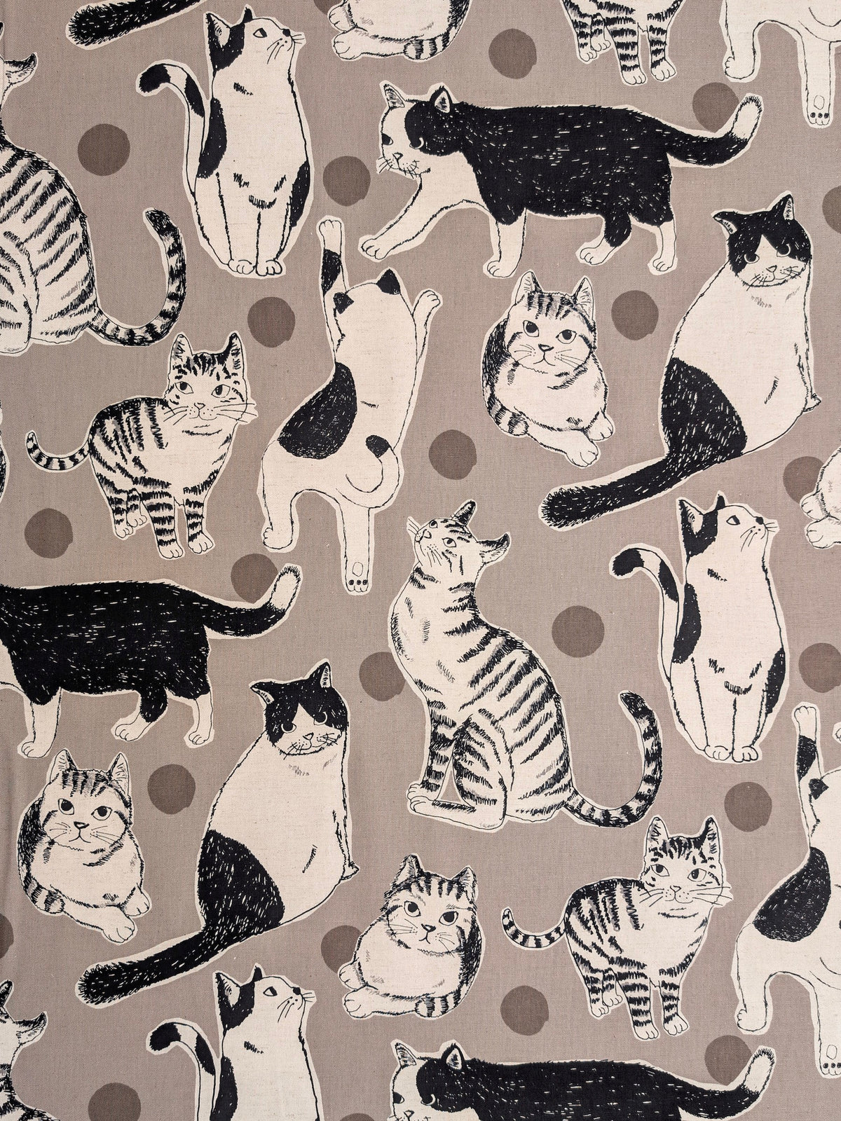 Kobayashi - Large Black & White Cats Cotton Linen Oxford Canvas Fabric - Gray