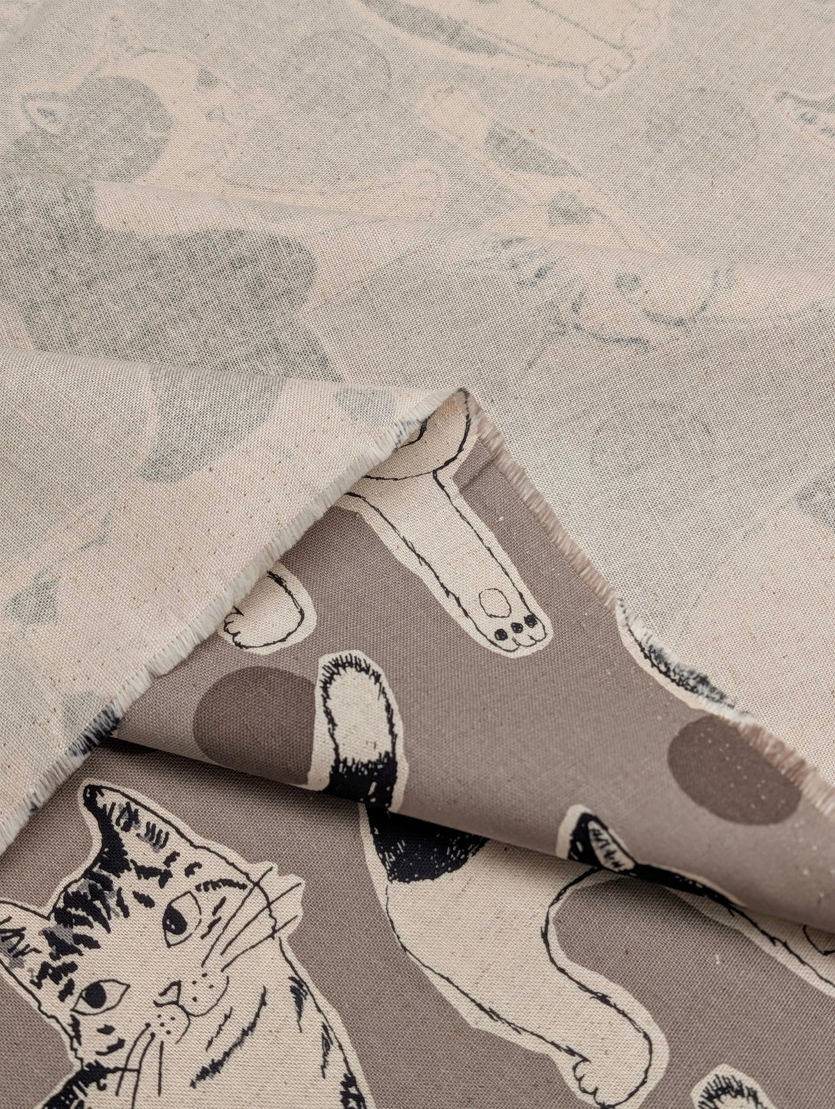 Kobayashi - Large Black & White Cats Cotton Linen Oxford Canvas Fabric - Gray