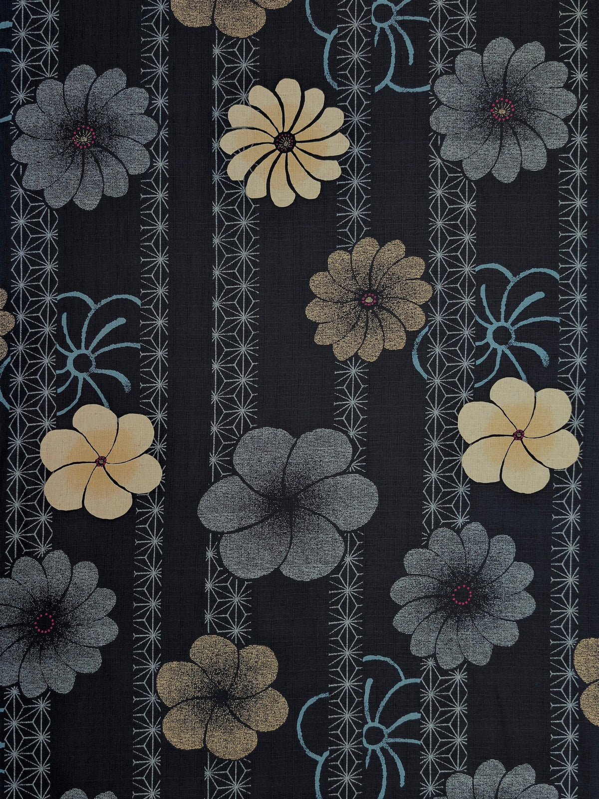 Kobayashi - Asanoha Stripe and Blossoms Cotton Dobby Fabric - Blue