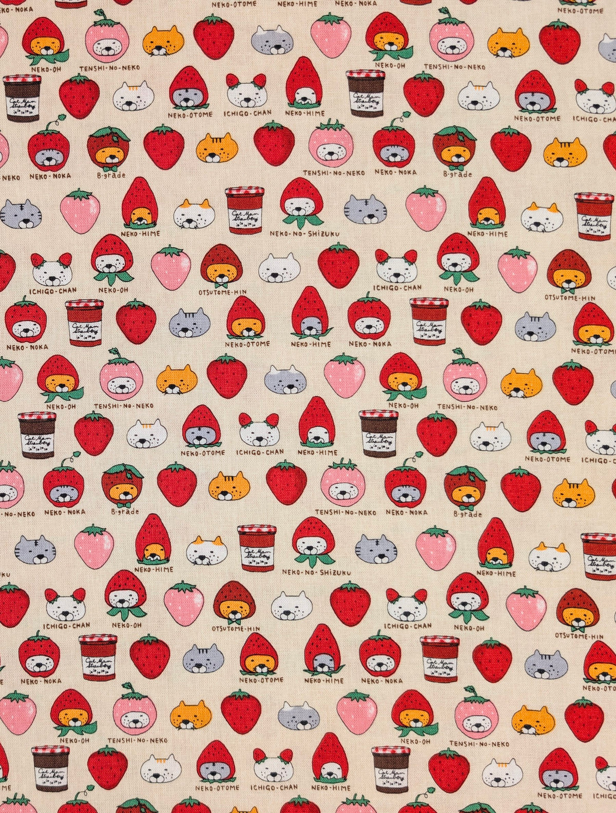 Kobayashi - Neko Strawberry Jam Cotton Linen Oxford Canvas Fabric - Beige