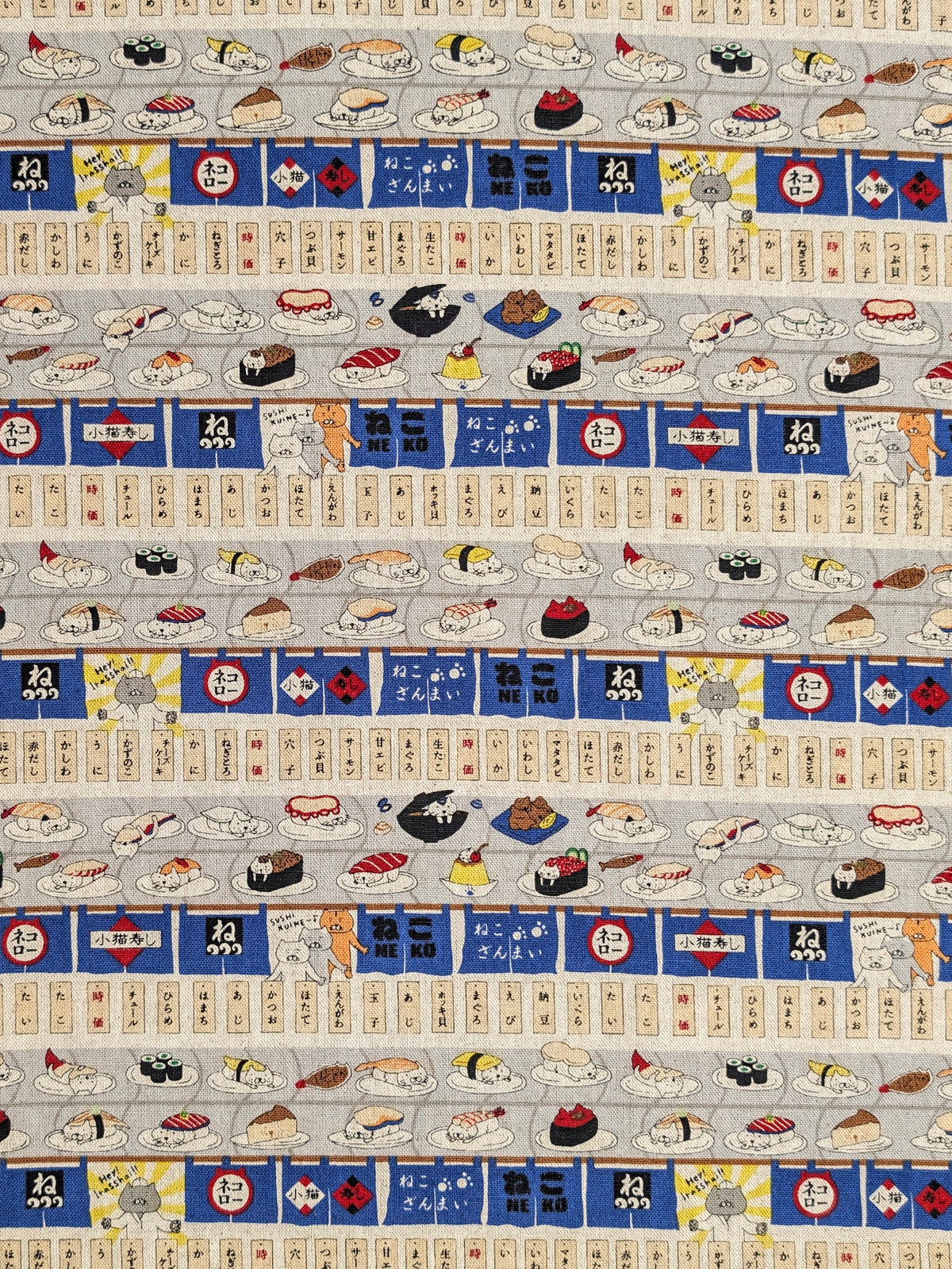 Kobayashi - Neko Sushi Train Cotton Linen Oxford Canvas Fabric - Blue