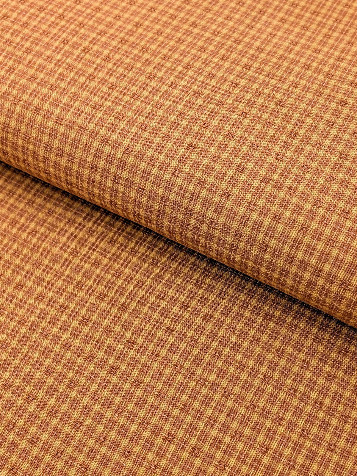 MYD - Textured Tattersall Plaid Yarn Dyed Cotton Fabric - Marigold and Pumpkin