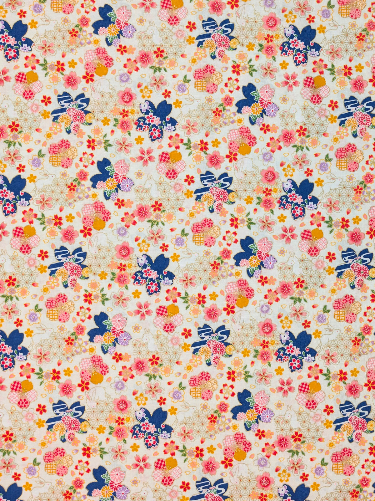 CoCo - Golden Rabbits & Cherry Blossoms Cotton Shirting Fabric - White