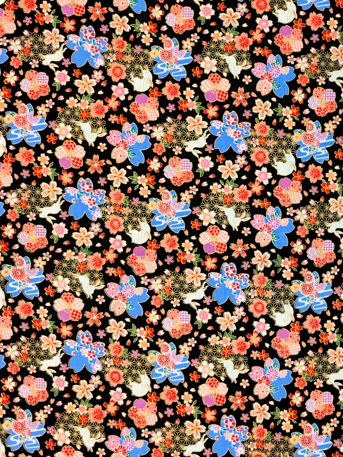 CoCo - Golden Rabbits & Cherry Blossoms Cotton Shirting Fabric - Black