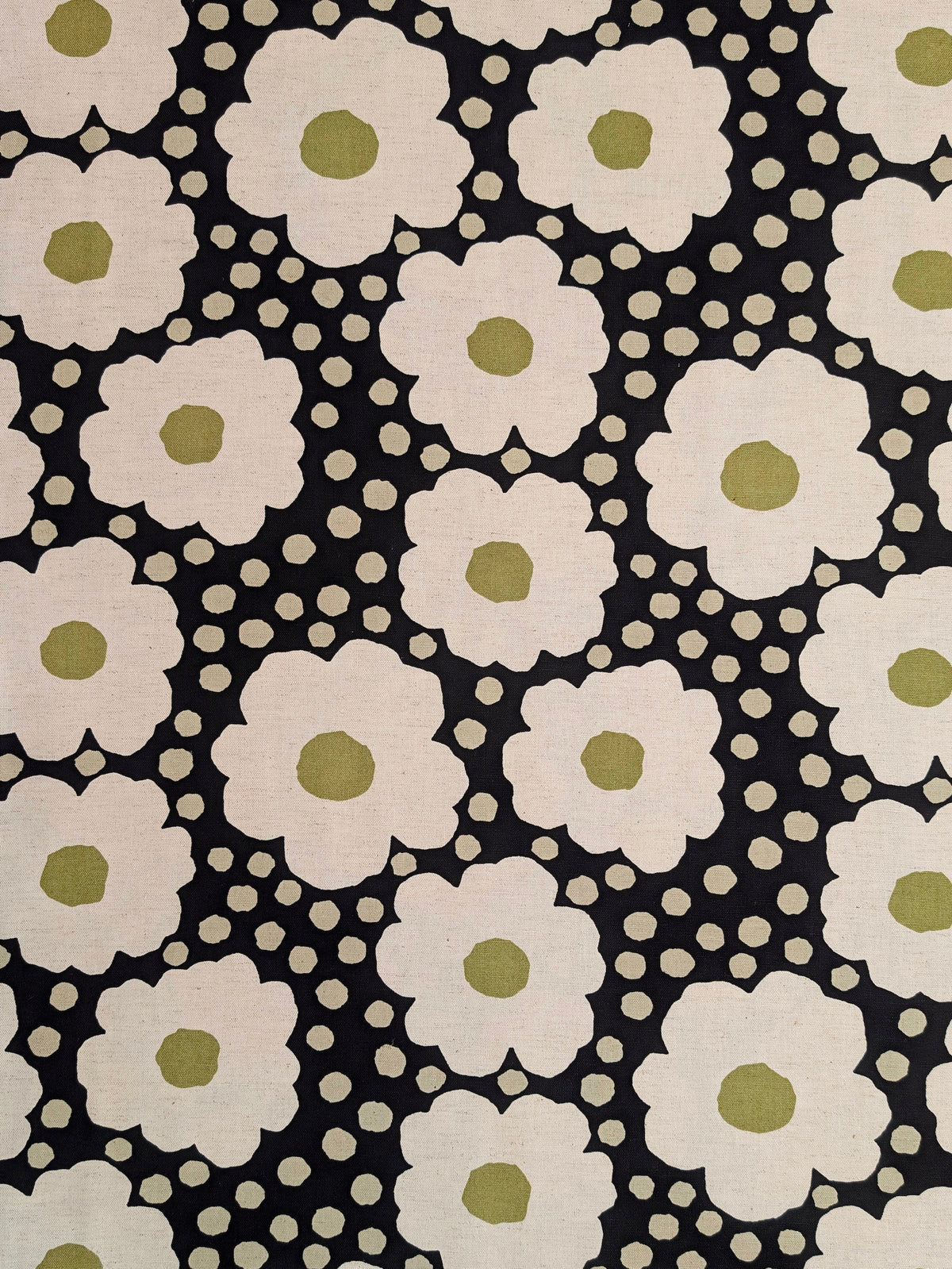 Kobayashi - Big Daisies & Polka Dots Cotton Linen Oxford Canvas Fabric - Black & White