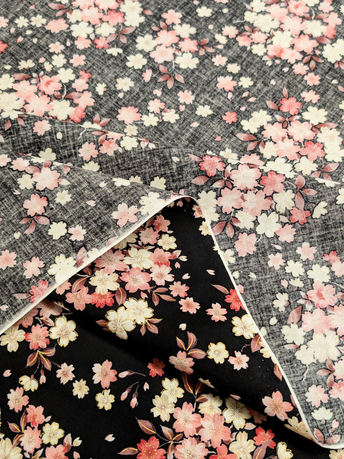 Kokka - Golden Cherry Blossoms Cotton Sheeting Fabric - Black REMNANT