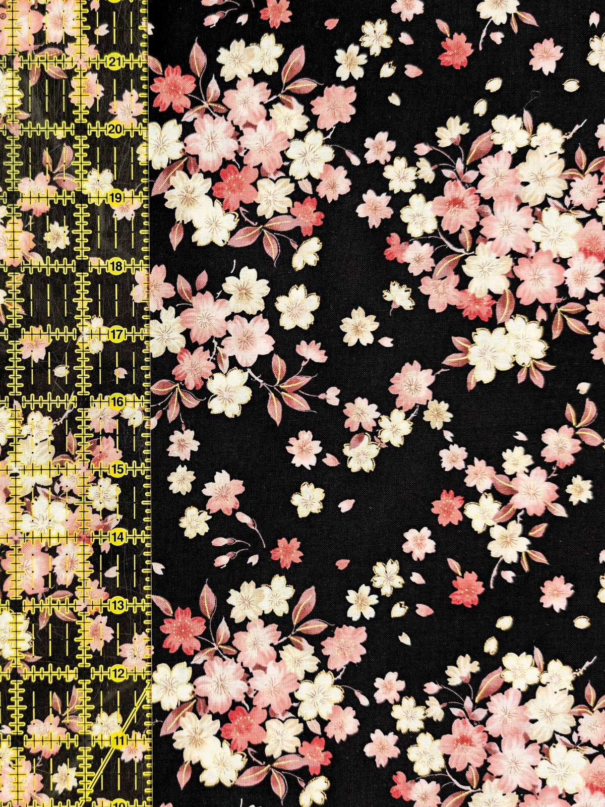 Kokka - Golden Cherry Blossoms Cotton Sheeting Fabric - Black REMNANT