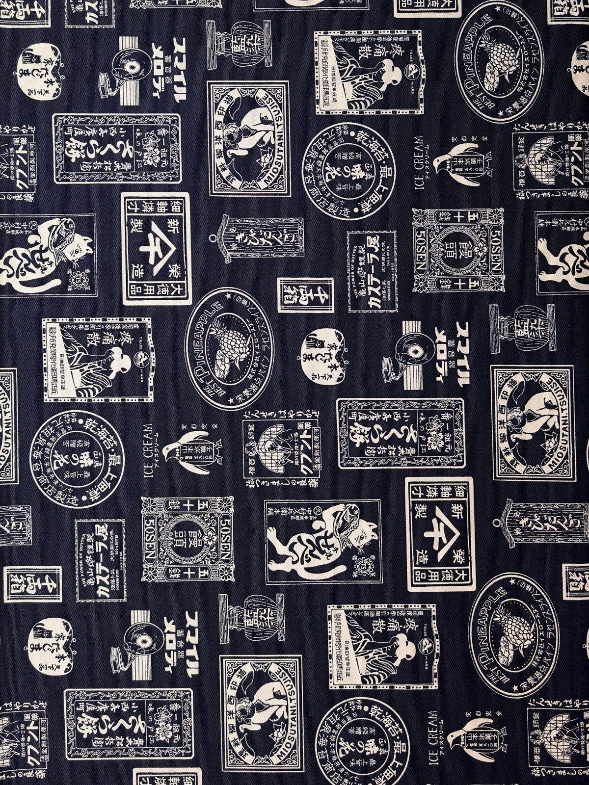 Kokka - Japanese Labels Cotton Duck Canvas Fabric - Navy & White