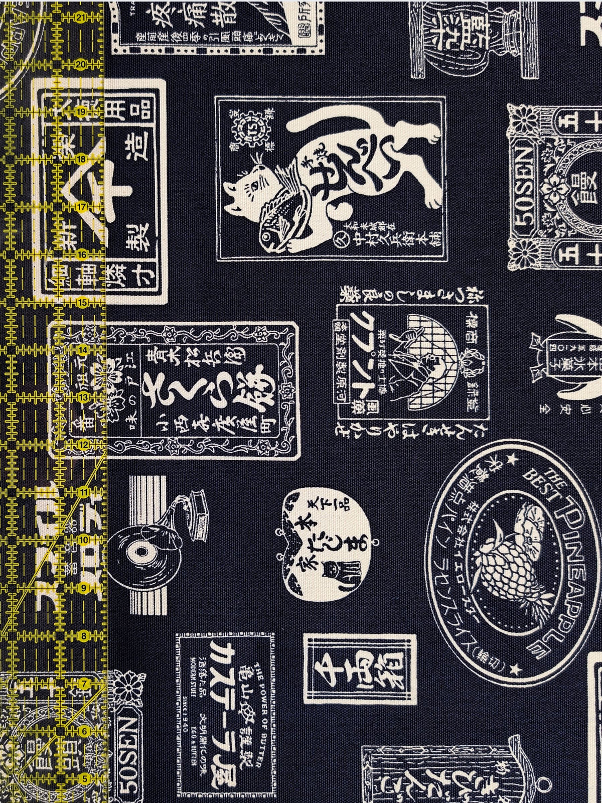 Kokka - Japanese Labels Cotton Duck Canvas Fabric - Navy & White