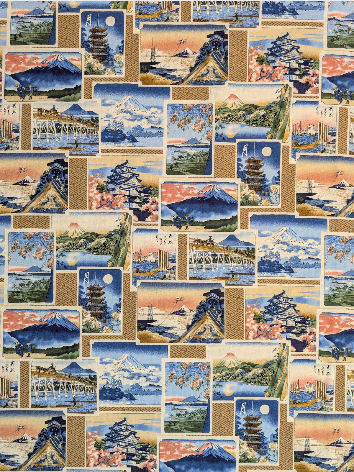 Kokka - Japanese Country Scenes Cotton Sheeting Fabric - Tan