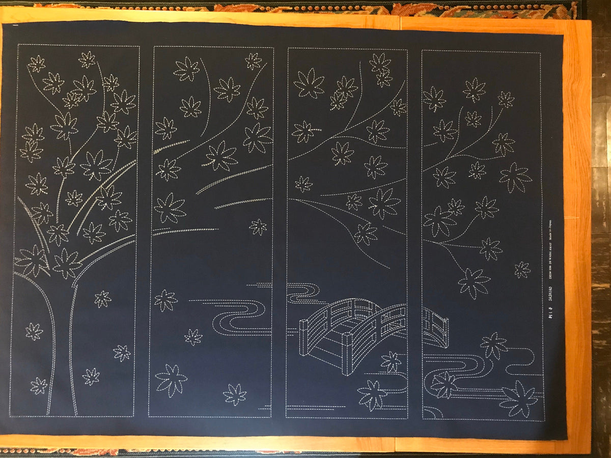 Orimono Imports - Autumn Maple Tree Sashiko Washout Fabric Panel - Navy