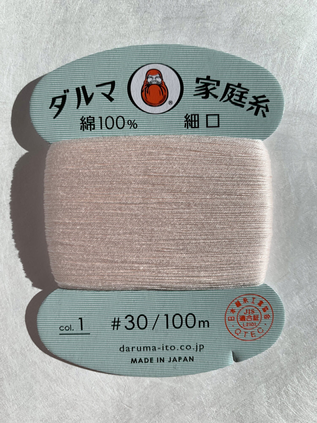 Daruma - Cotton Hand Sewing Thread Size #30 100m Card - Color #1 Shell Pink