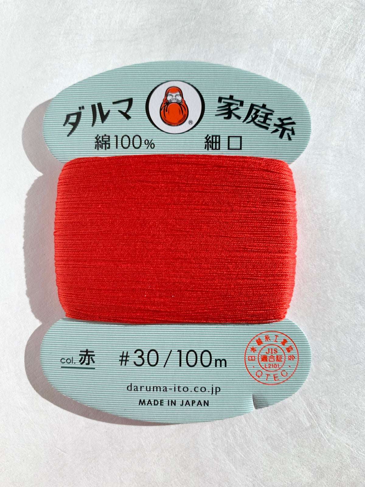 Daruma - Cotton Hand Sewing Thread Size #30 100m Card - Color Aka Red