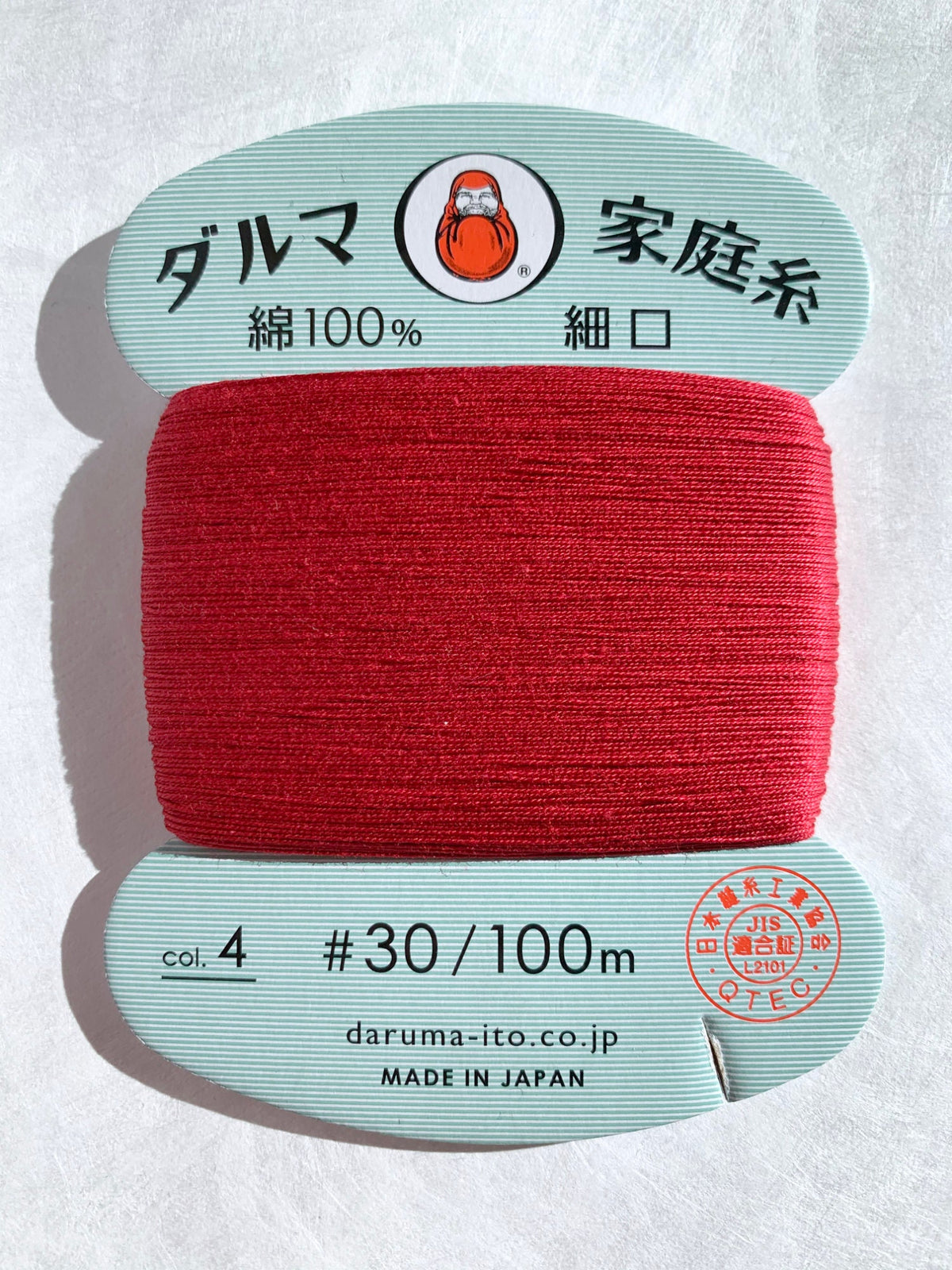 Daruma - Cotton Hand Sewing Thread Size #30 100m Card - Color #4 Ruby Red
