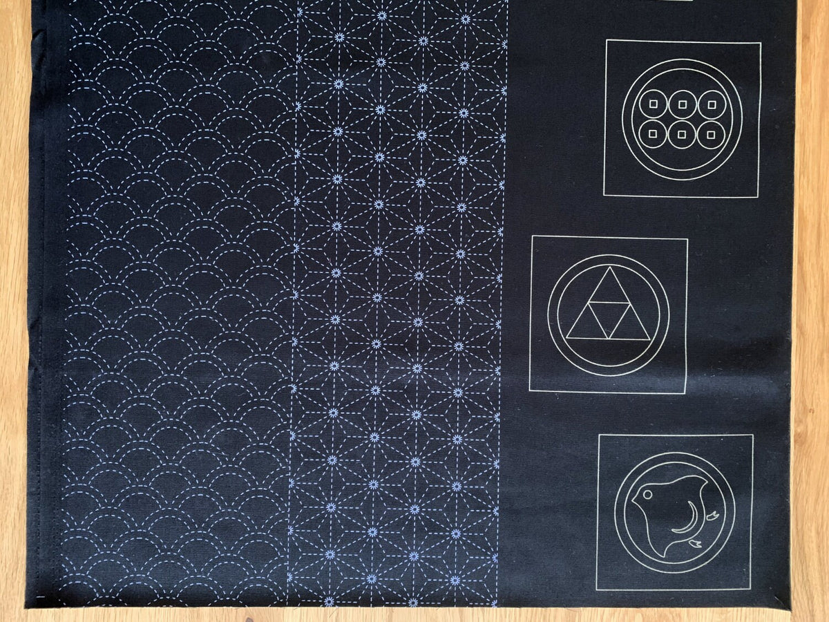 Ayatex - Family Crests Sashiko Fabric Panel - Black Blue Beige