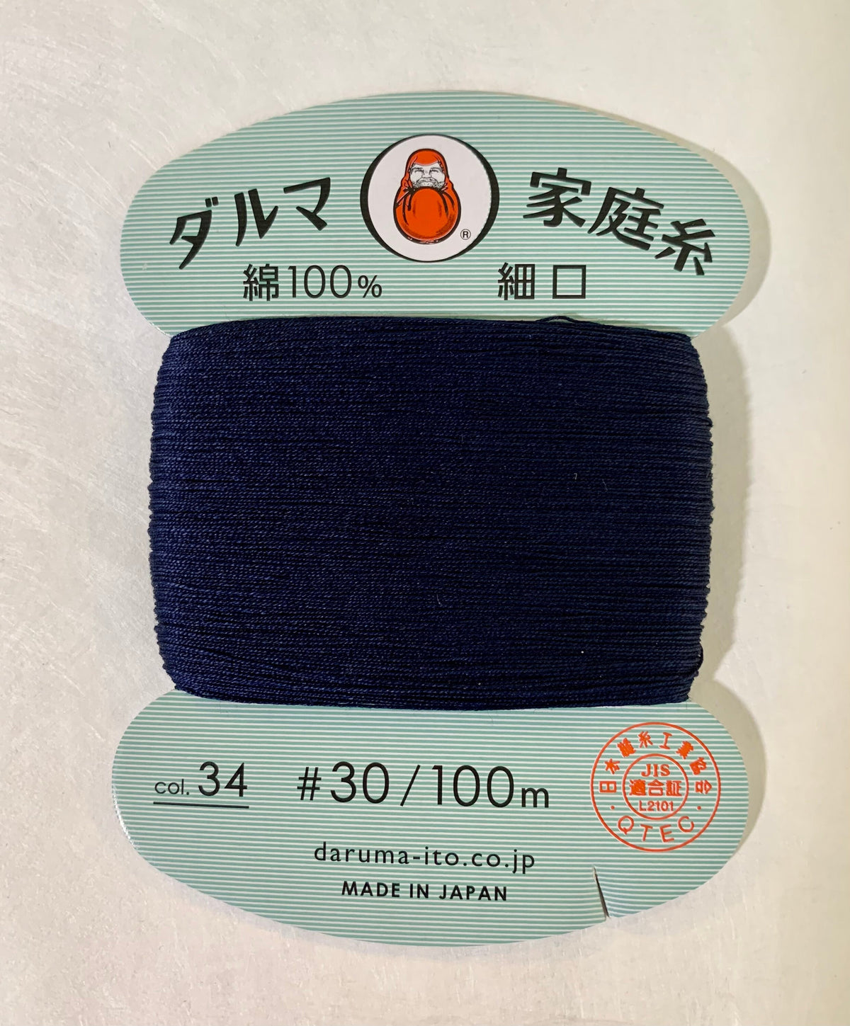 Daruma - Cotton Hand Sewing Thread Size #30 100m Card - Color #34 Dark Blue