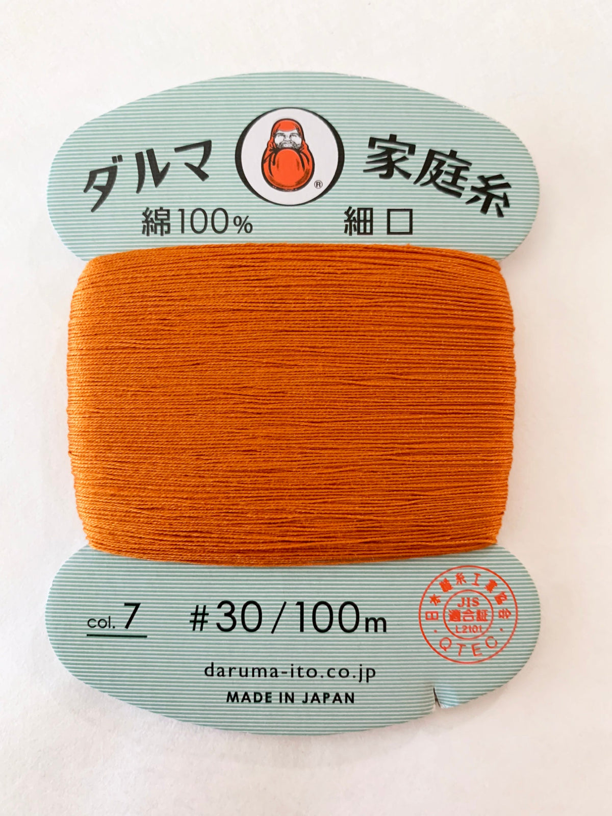 Daruma - Cotton Hand Sewing Thread Size #30 100m Card - Color #7 Persimmon Orange