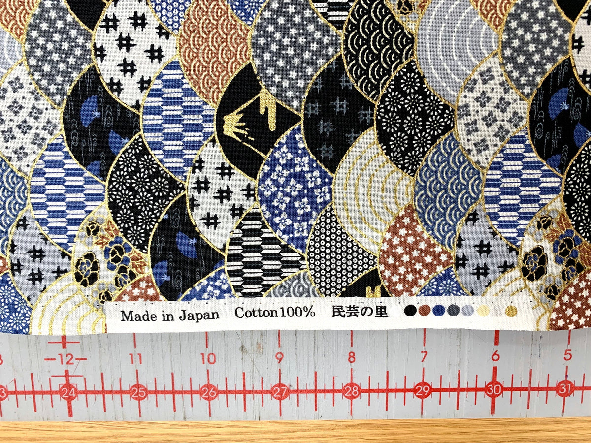Mt. Fuji and Waves Japanese cotton fabric 2000-89B black gray brown blue gold