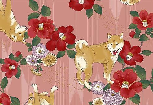 QuiltGate - PRE-CUT Hyakka Ryoran Shiba Camellias Cotton Fabric - Pink