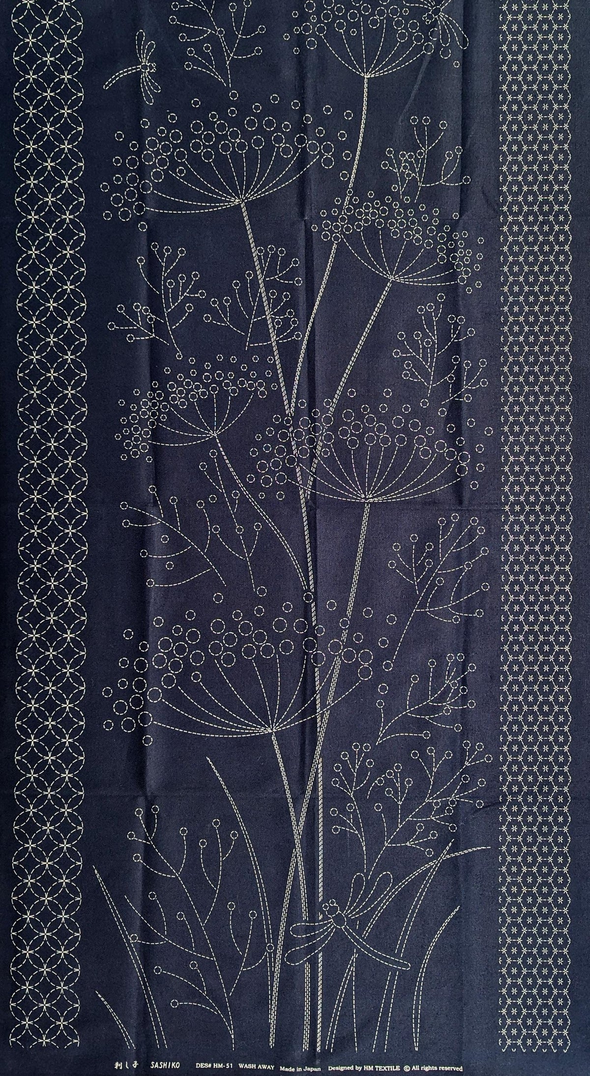 Orimono Imports - Dragonflies and Fennel Sashiko Washout Fabric Panel - Navy