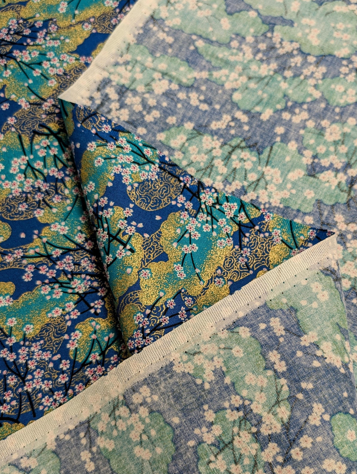 Cherry Blossom Trees with Gold Japanese cotton fabric A-45000-68 B blue & teal