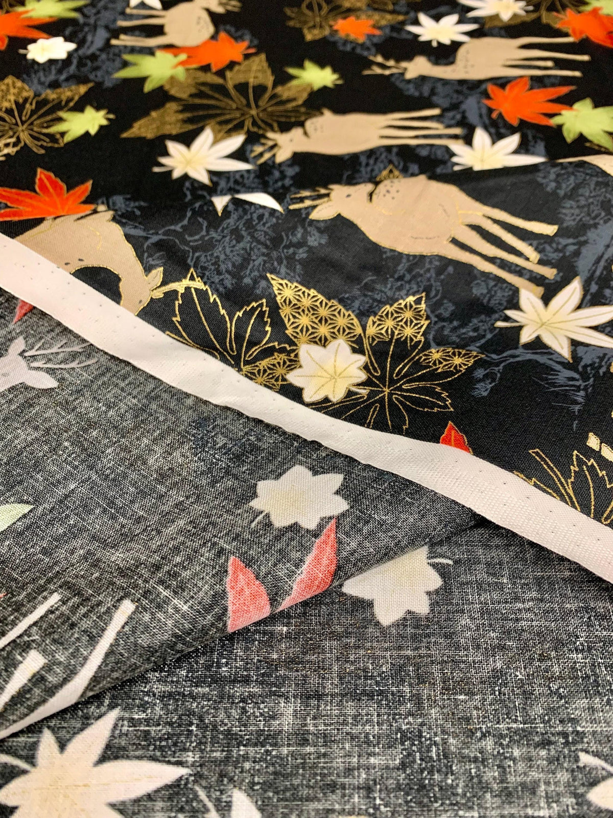QuiltGate - Hyakka Ryoran Deer and Maple Leaf Cotton Fabric - Black Red Green Gold