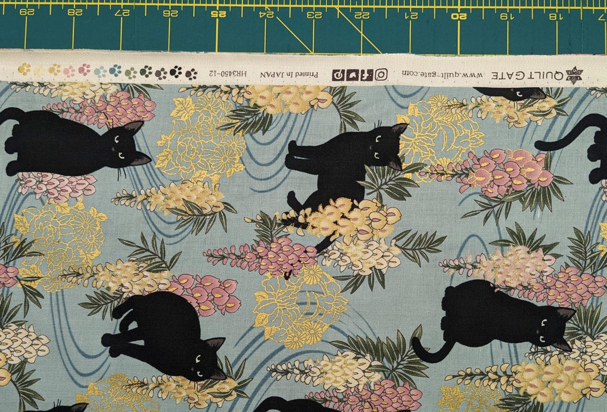 QuiltGate - Hyakka Ryoran Cats and Wisteria Cotton Fabric - Blue