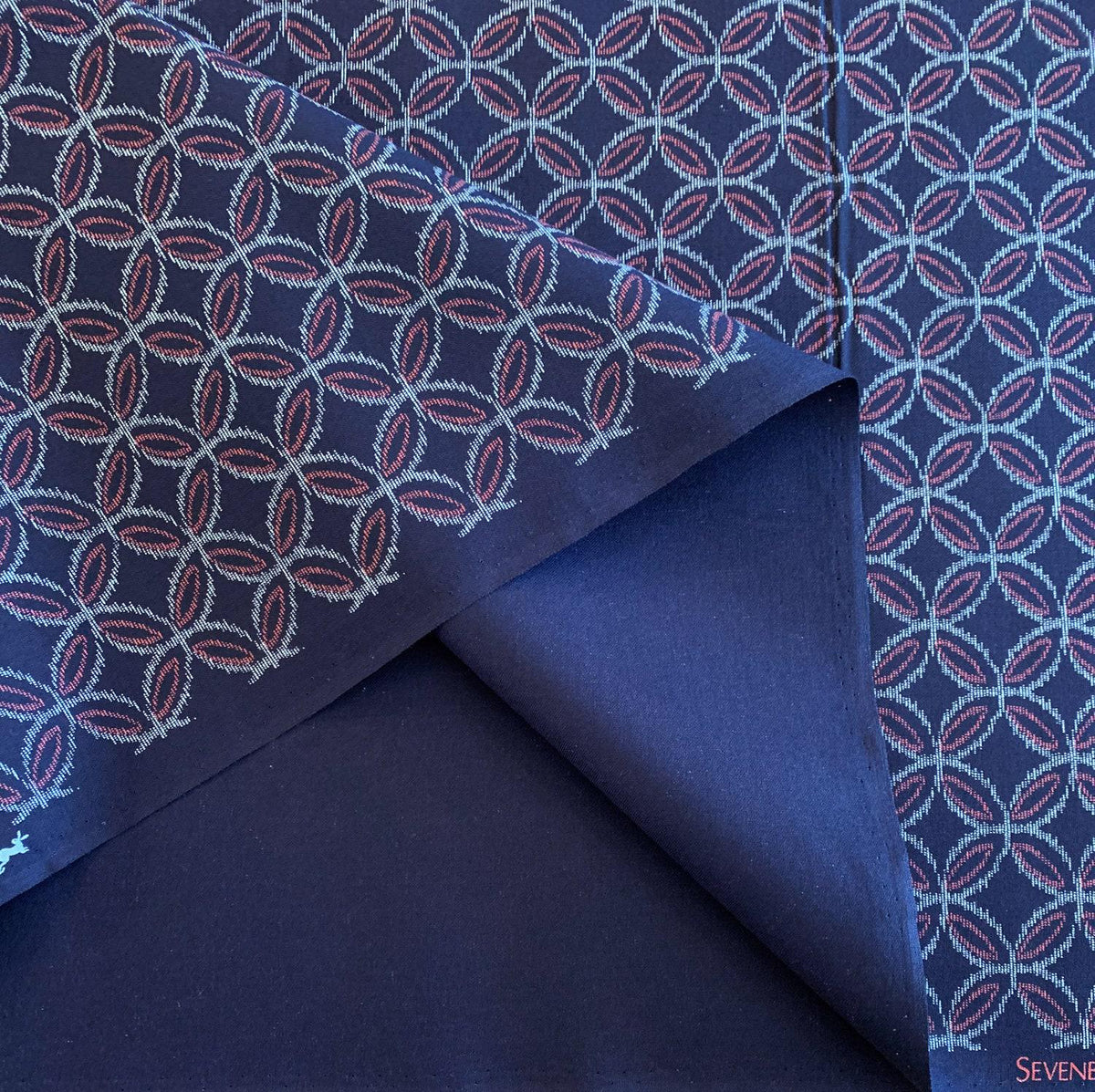 Sevenberry - Printed Ikat Kasuri Shippou Circles Cotton Fabric - Navy Orange