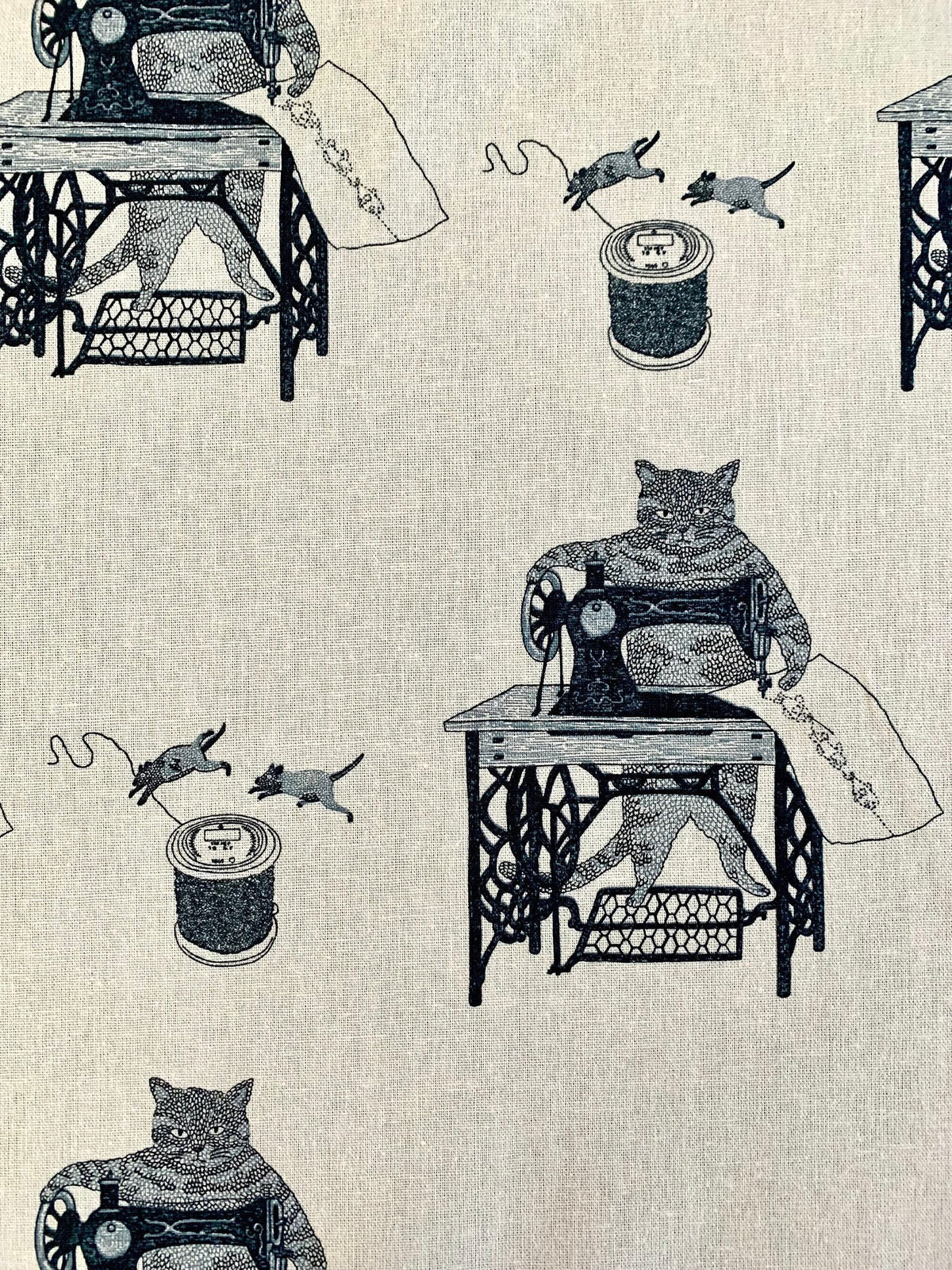 Purr-fect Stitches Cats with Sewing Machines Japanese cotton linen blend canvas 148-1800-1 off-white black blue