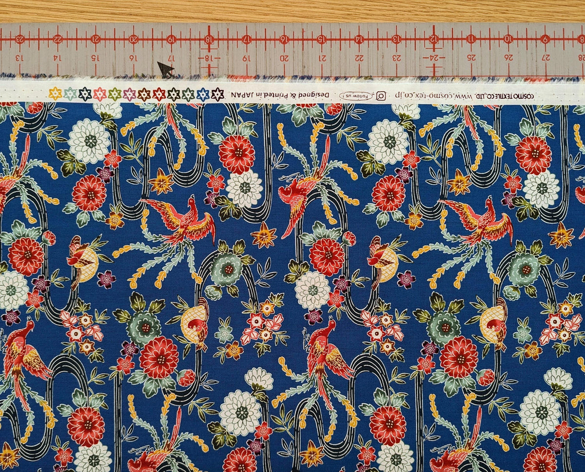 Cosmo - Bingata Phoenix and Flowers Cotton - Blue