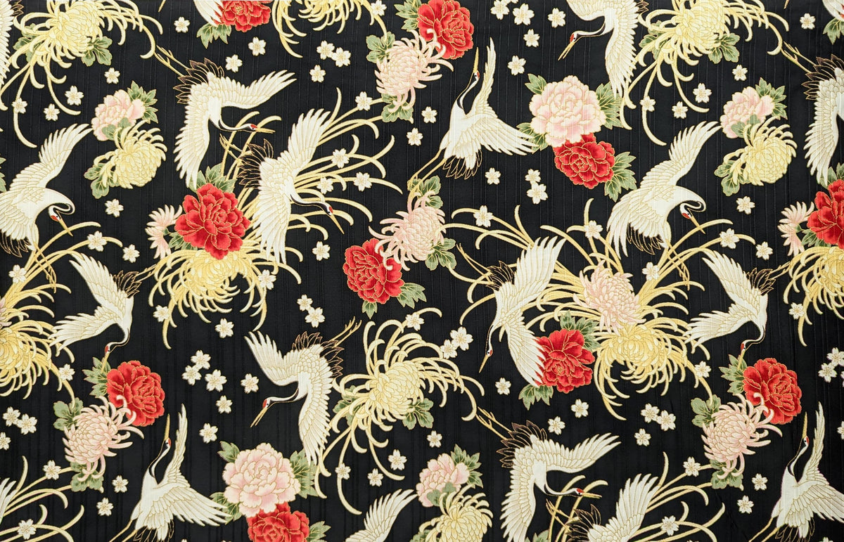 Cosmo - Cranes and Flowers Cotton Shantung - Black