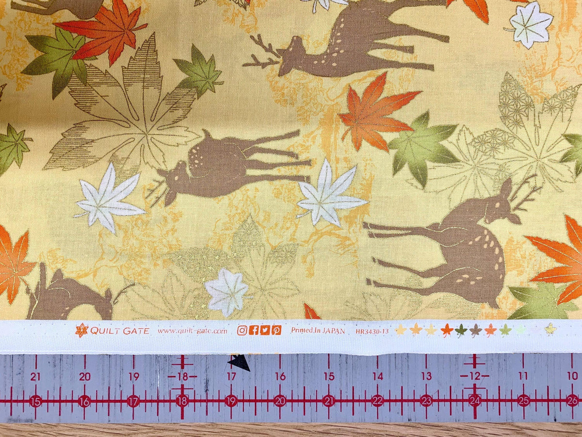 QuiltGate - Hyakka Ryoran Deer and Maple Leaf Cotton Fabric - Custard Orange Yellow Green Gold
