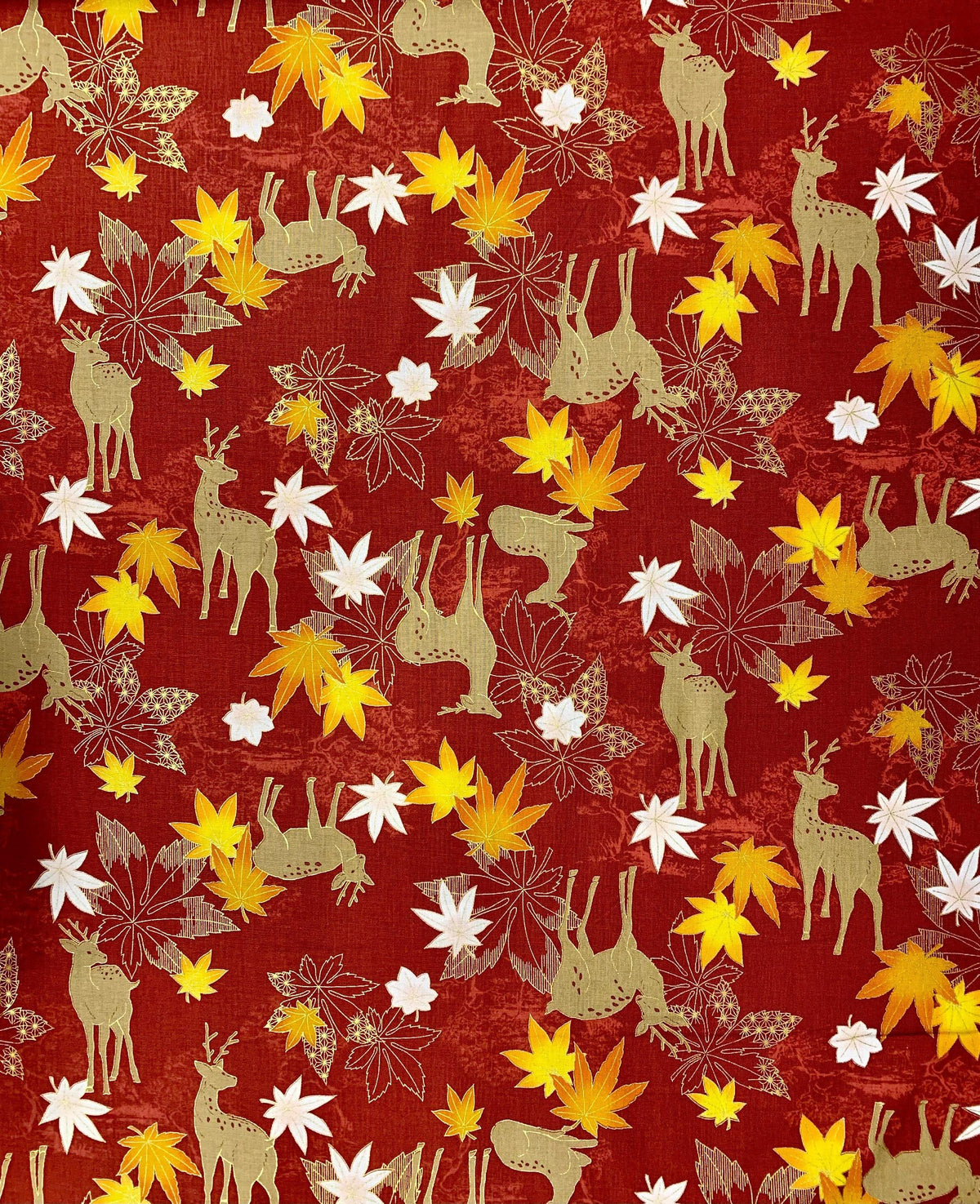 QuiltGate - Hyakka Ryoran Deer and Maple Leaf Cotton Fabric - Red Orange Yellow Gold