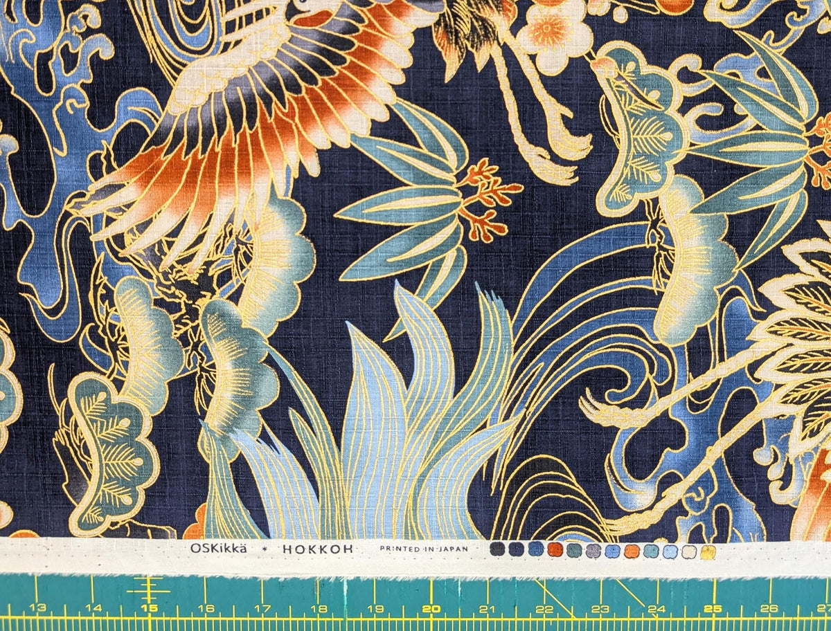 NEW Golden Crane & Minogame Hokkoh Japanese cotton dobby fabric 1025-100-5 D dark navy