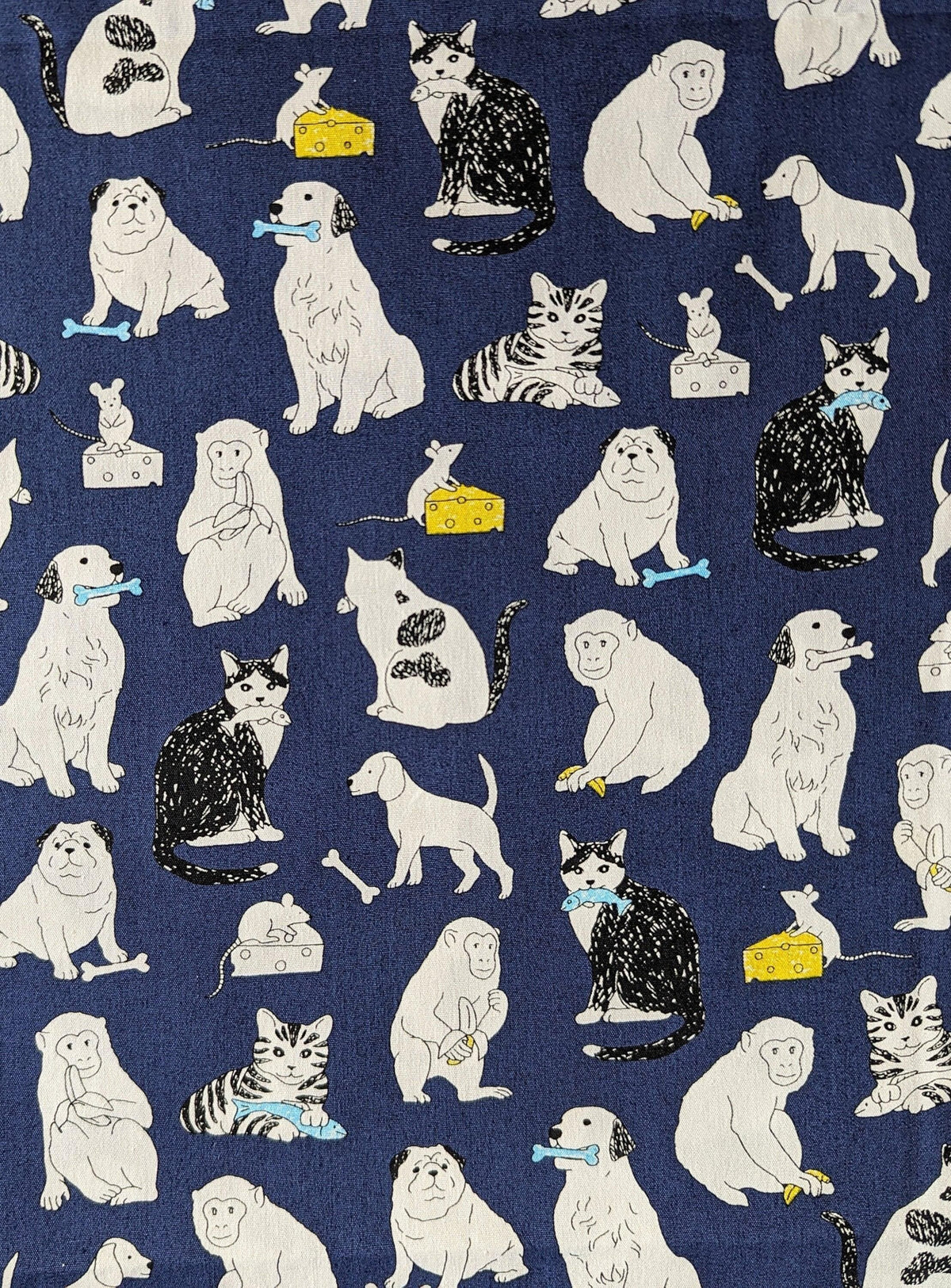 Sevenberry - Cats Dogs Mice and Monkeys Cotton Fabric - Navy Blue