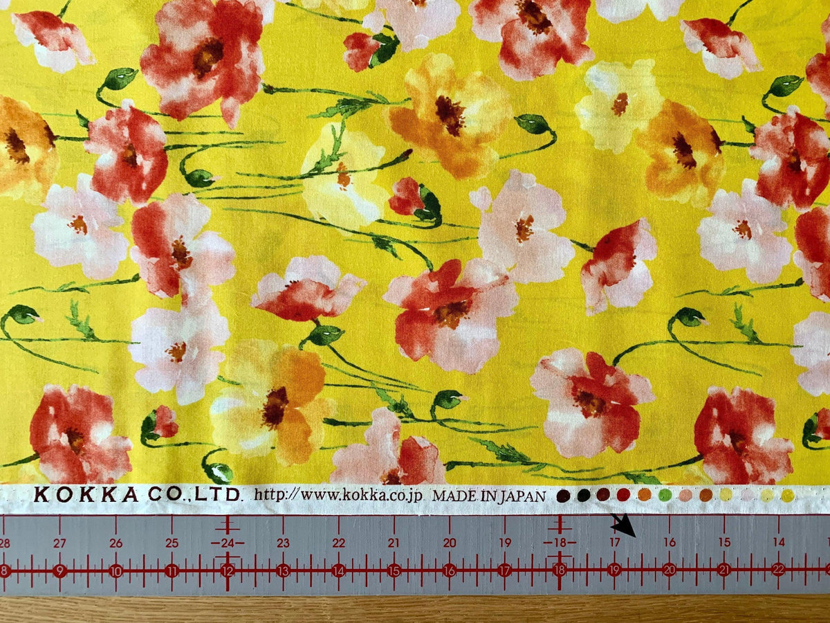 Kokka - Watercolor Poppies Cotton Lawn - Yellow Pink