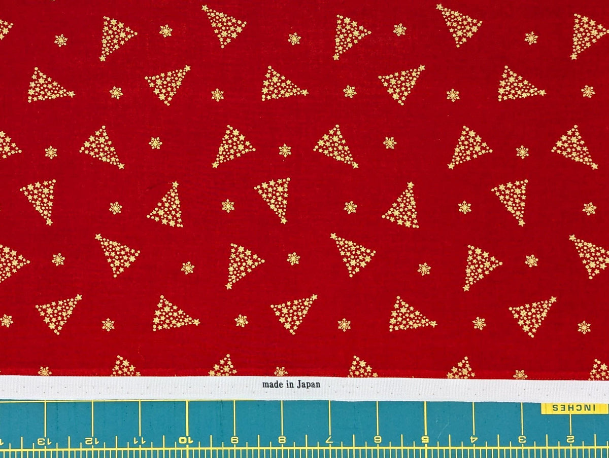 Hishiei - Golden Holiday Trees Cotton Fabric - Red