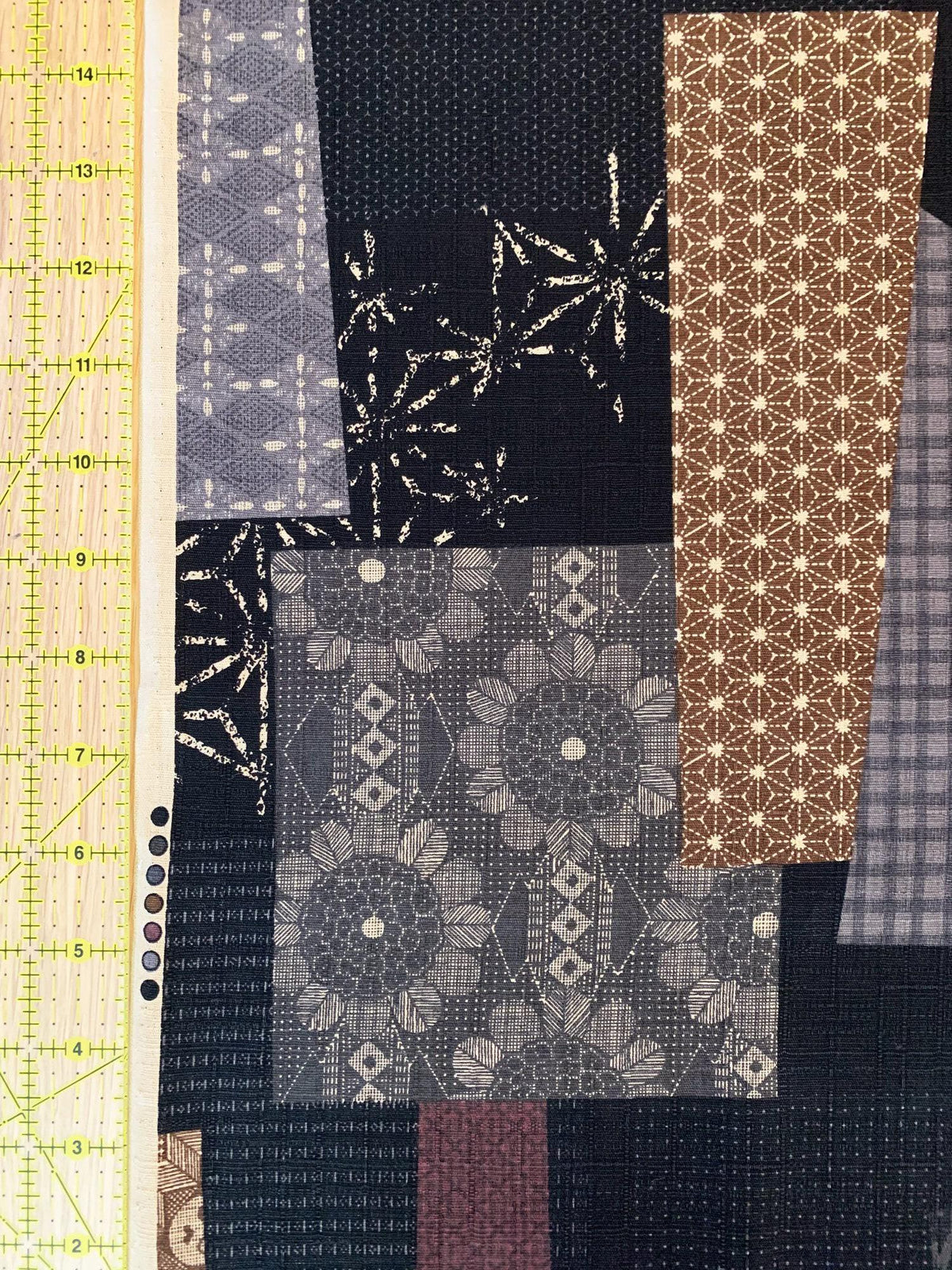 Morikiku - Boro Patchwork Print Cotton Dobby - Black Brown
