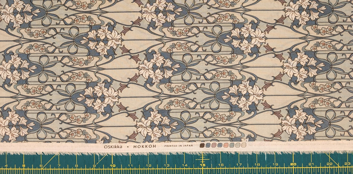 Hokkoh - Nouveau Flower Filigree Cotton Lawn - Light Blue and Beige