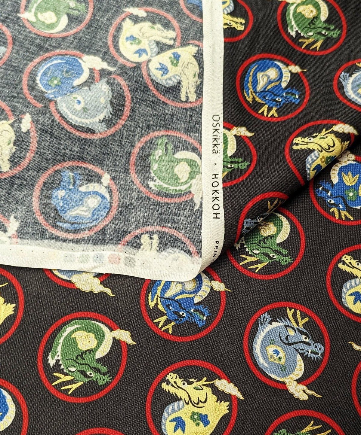 Hokkoh - Little Dragons Cotton Fabric - Black